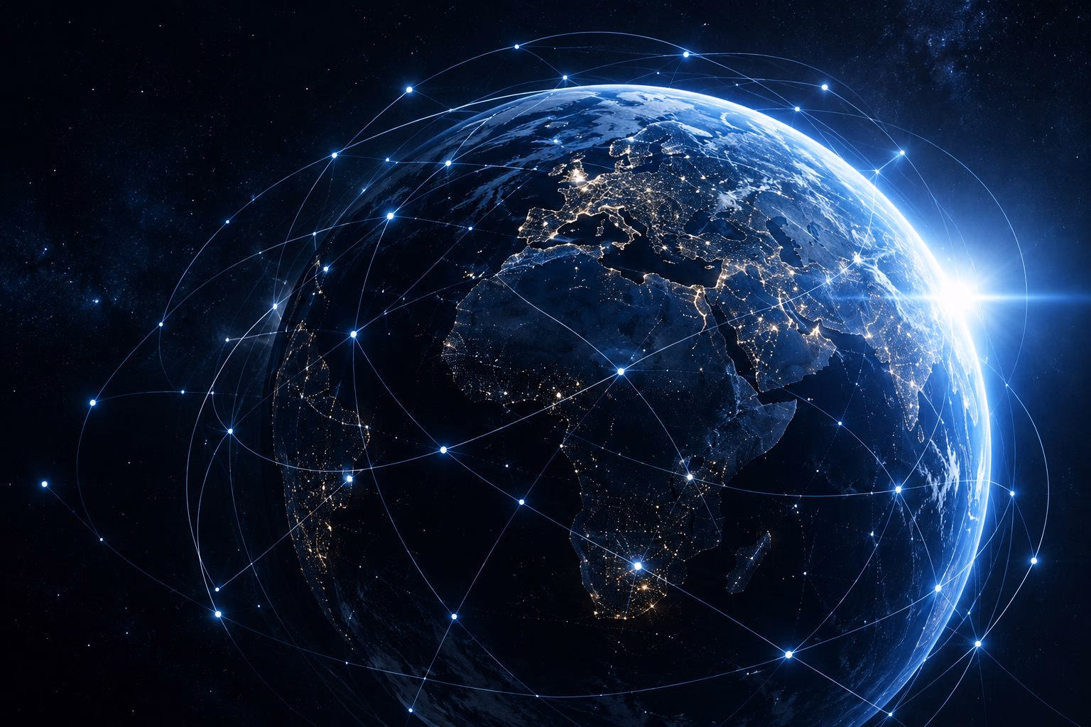 Earth at night with city lights connected by a glowing network