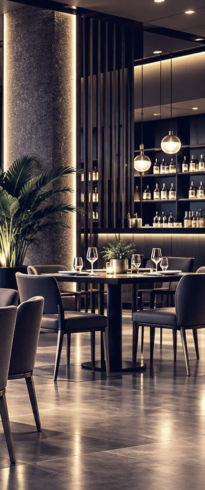 A restaurant dining room with pendant lights