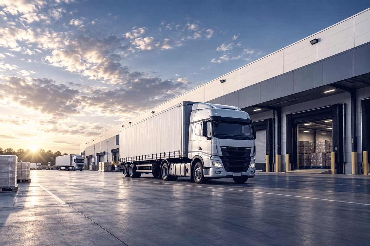 Trucks at a distribution warehouse at sunset