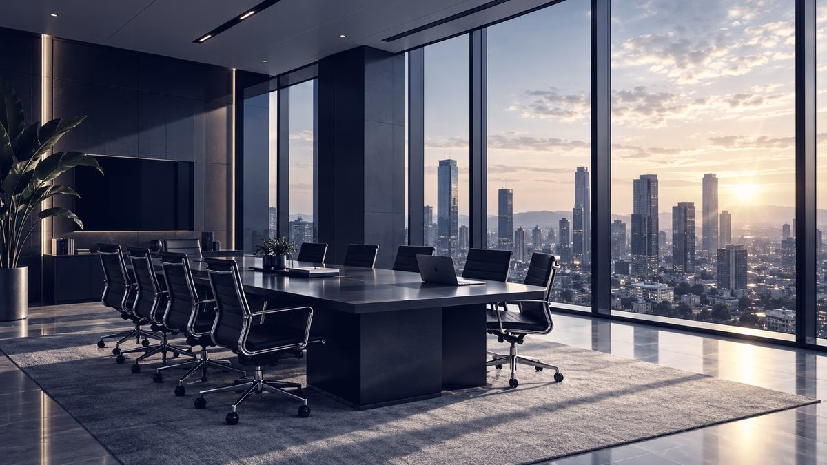 A boardroom with a long table overlooking a city skyline