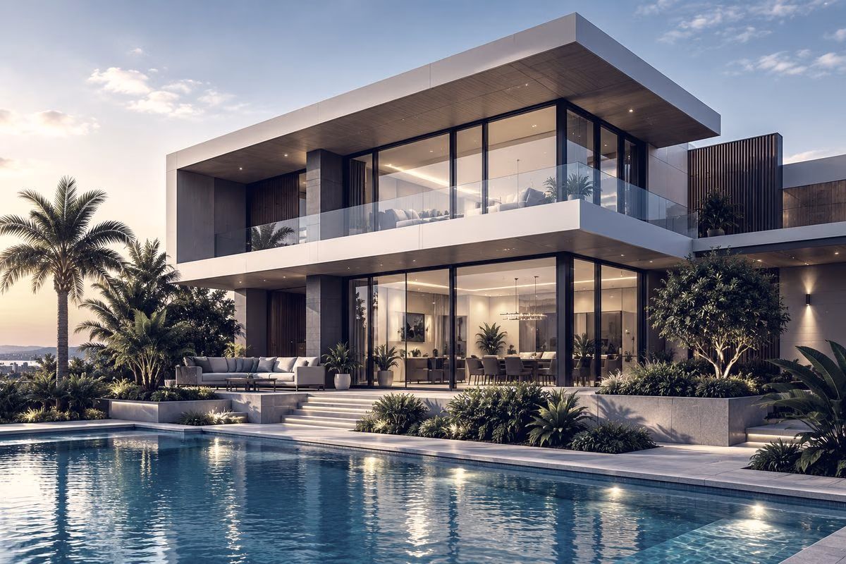 A modern villa with a pool at dusk