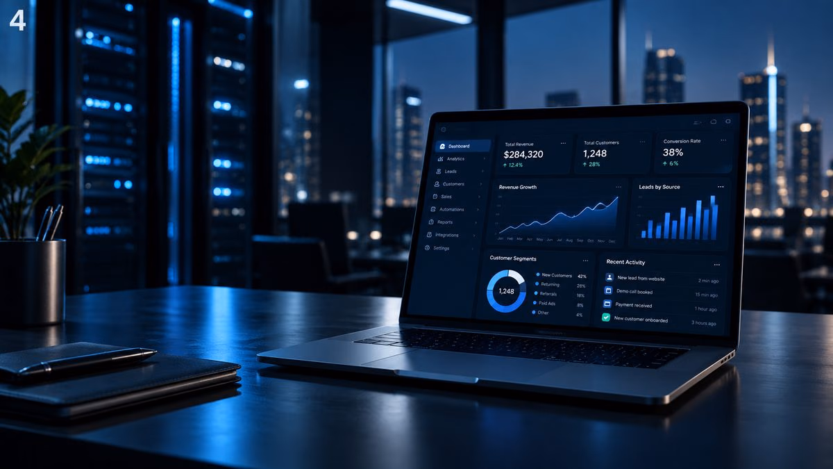 A laptop on a dark desk showing a live analytics dashboard