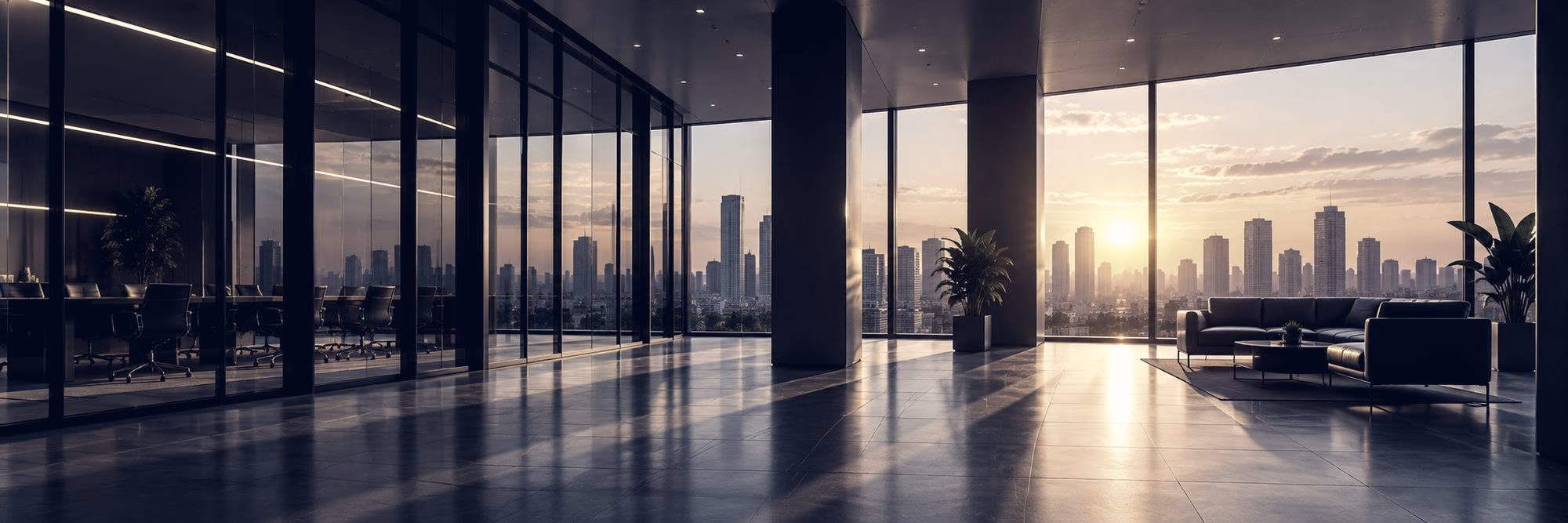A glass-walled office at sunrise looking over a city