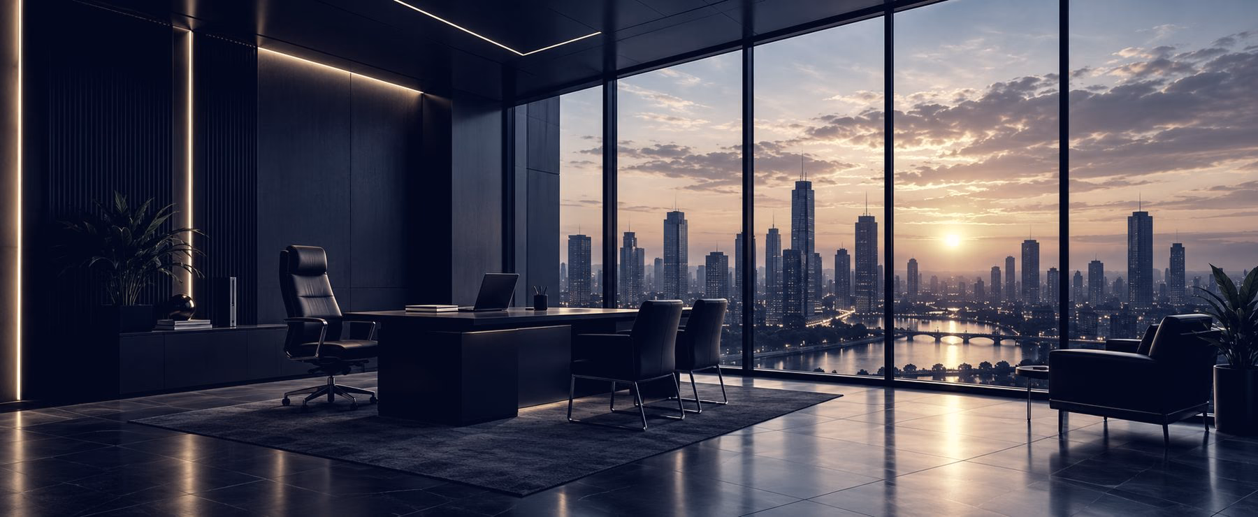 An executive office at dusk, looking out over a city skyline