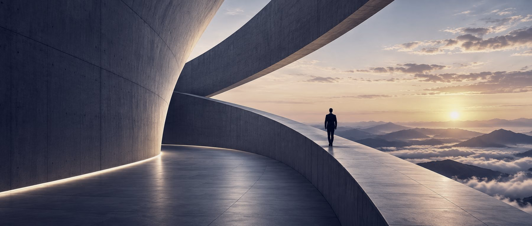 A person walking along a curved concrete walkway toward the horizon